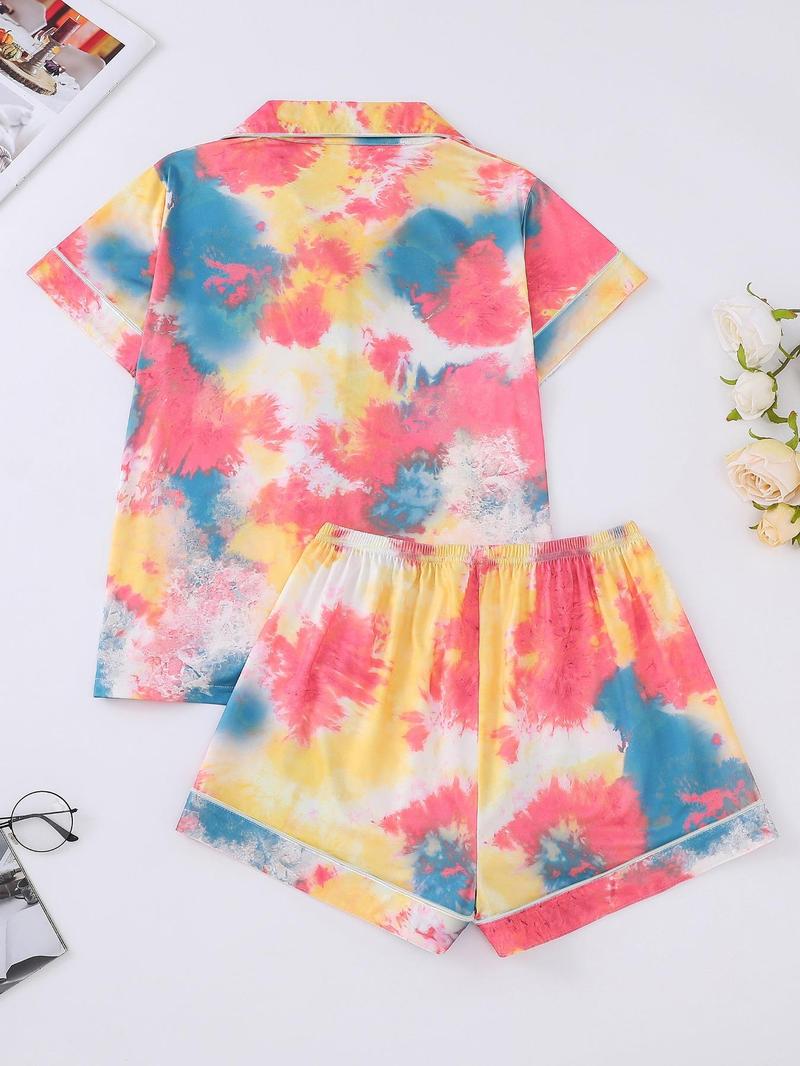 Product Introduction of Women's Tie Dye Print Lapel Shirt & Elastic Waist Shorts Pyjama Set, Casual Button Front Short Sleeve Top & Shorts, Pajamas, Ladies Summer Sleepwear 15