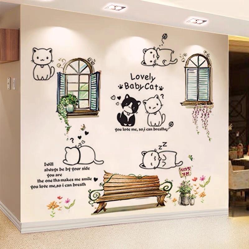 Decal dán tường mèo cute và cửa sổ ghế đá.