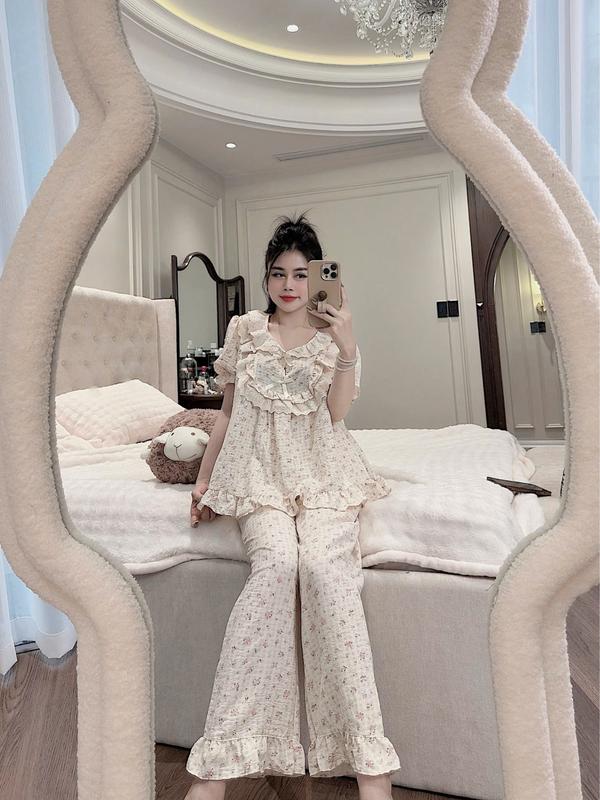 Bộ Ngủ Nữ Chất Vải Đũi Hàn Mềm, Đồ Bộ Tiểu Thư Quần Có Túi Free Size 40-62KG - C01 4