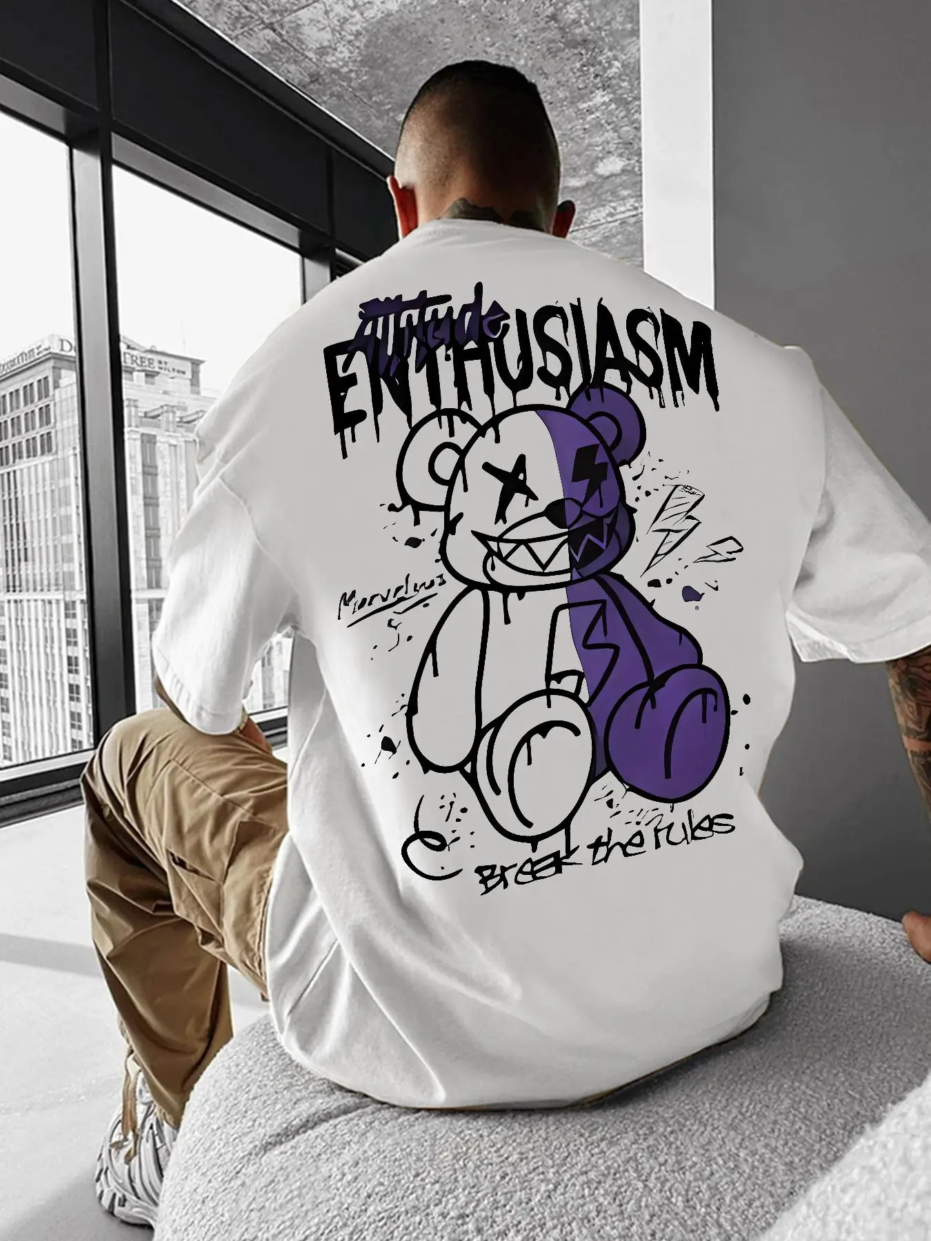 Men's Cartoon Bear & Letter Print Drop Shoulder Tee, Casual Comfy Regular Fit Round Neck Half Sleeve T-Shirt for Summer, Men's Top for Daily Wear