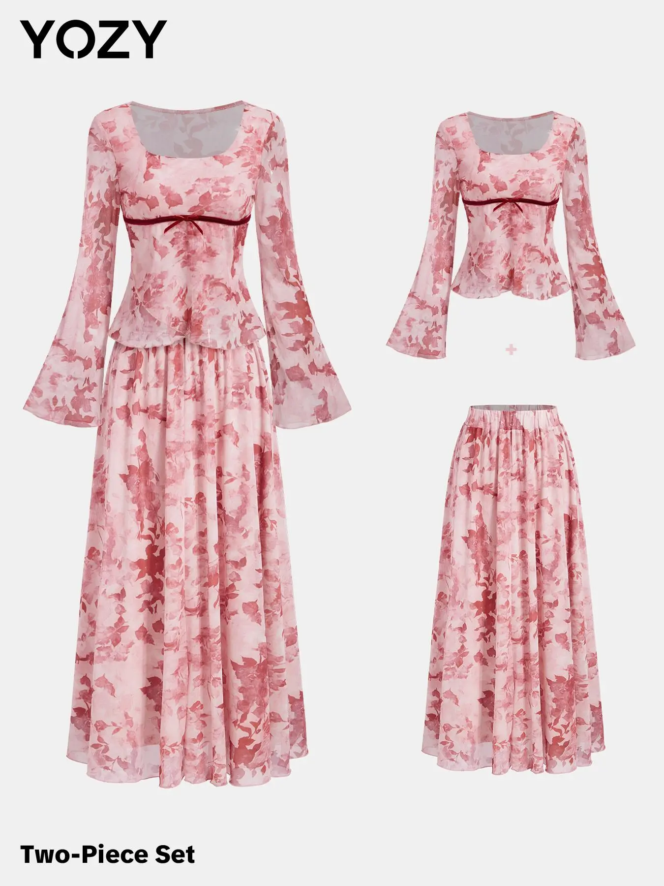 YOZY Two-piece Set Women's All Over Floral Print Flounce Sleeve Top & Skirt, Casual Fashion Square Neck Top & Long Skirt for Daily Outdoor Wear, Ladies Clothes for All Seasons