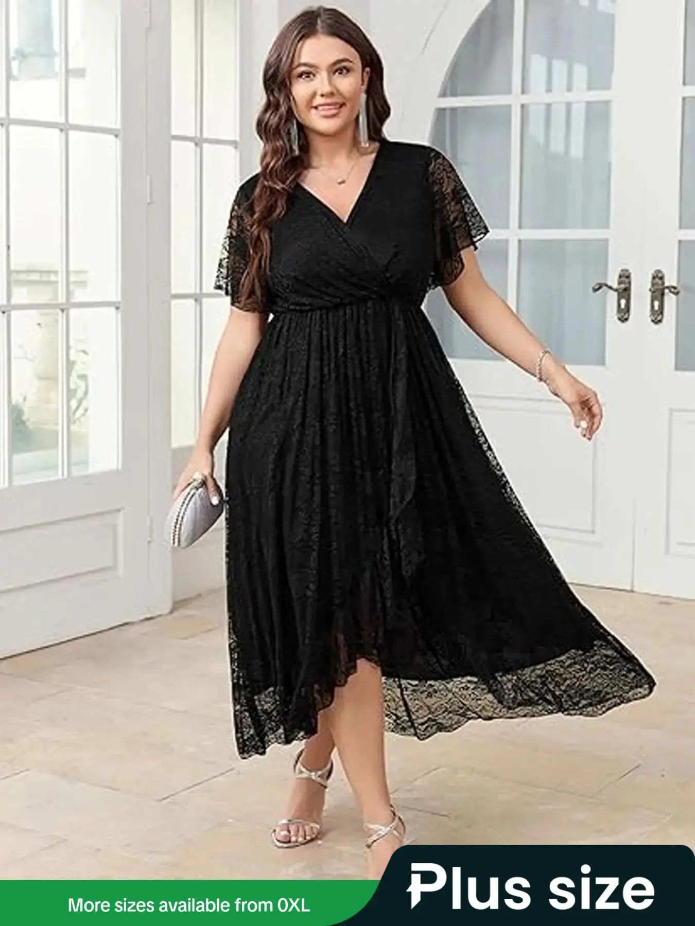 Plus Size Solid V Neck Lace Trim Dress, Elegant Fashion Casual Short Sleeve Dress for Daily Outdoor Wear, Women Plus Clothing for All Seasons
