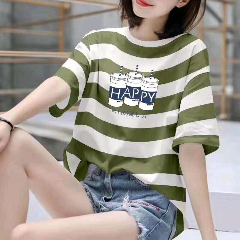 Áo phông cổ tròn Kẻ sọc dể thương T38-T37 Top Nữ Nữ Top Women Women 2