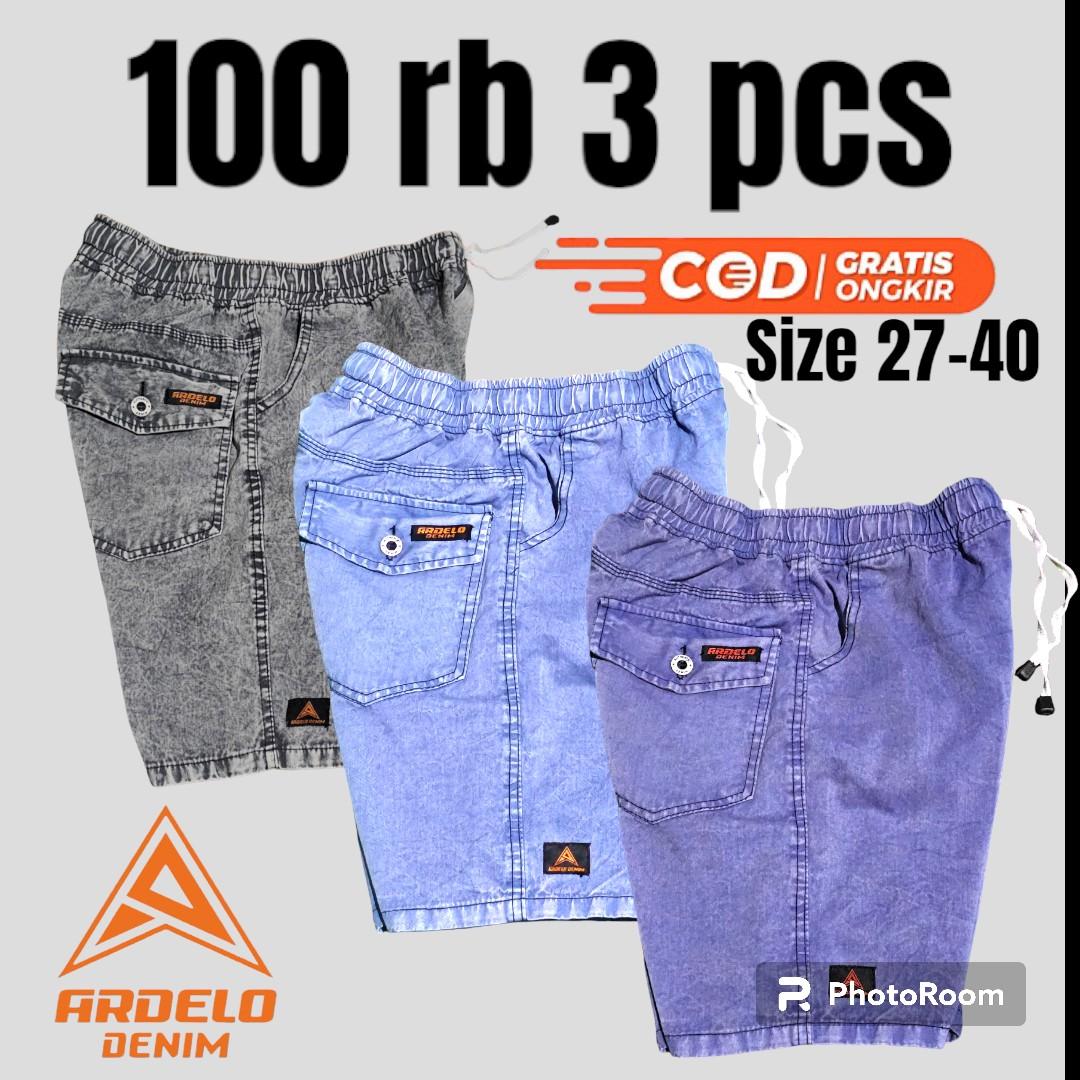 100RB 3PCS CELANA PENDEK COWOK PRIA DEWASA BROADSHORT PINGGANG KARET ELASTIS KOLOR SANTAI NYAMAN Denim Kancing