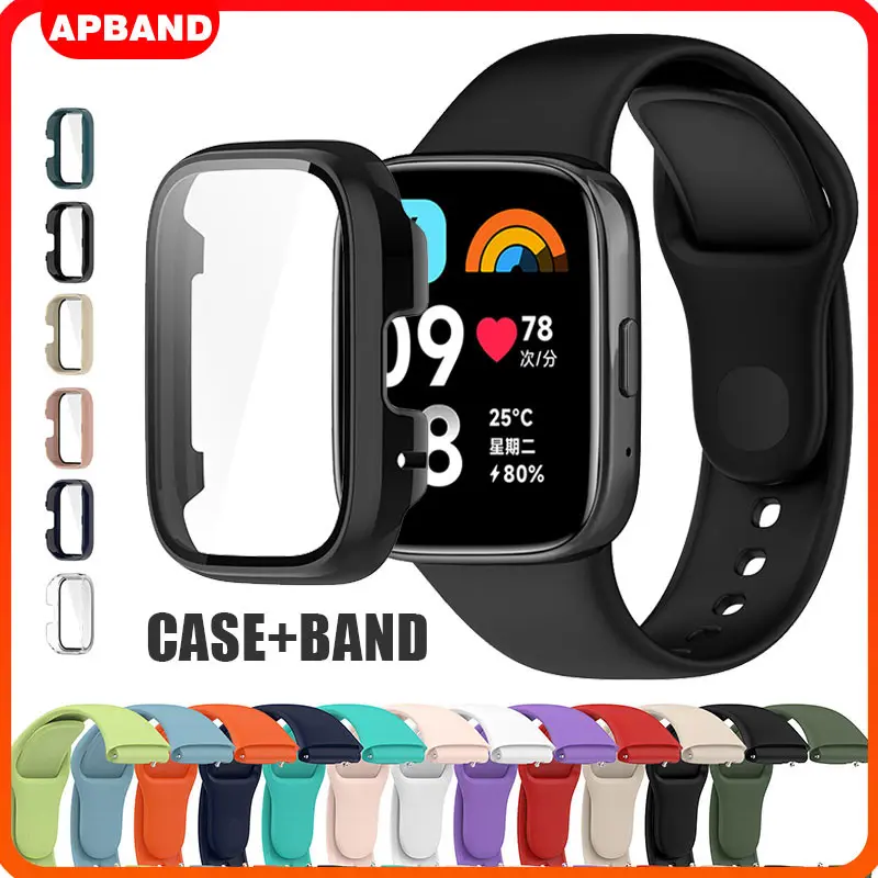 Anti Gores PC Case+Silicone Strap for Redmi Watch 3 Active Rubber Band Tempered Glass Hard Screen Protector Bumper Cover Belt Bracelet Accessories Tali Pengganti Jam Tangan Smartwatch for Xiaomi Mi Watch 3 Lite