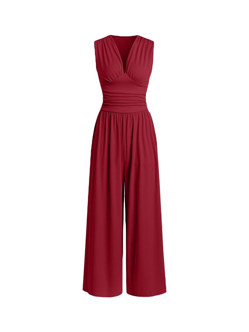 Product Introduction of Women's Plain Ruched Deep V Neck Ribbed Jumpsuit, Elegant Sleeveless Wide Leg Jumpsuit for Summer, Back to School Outfits, Ladies Clothes for Beach Holiday Vacation 7
