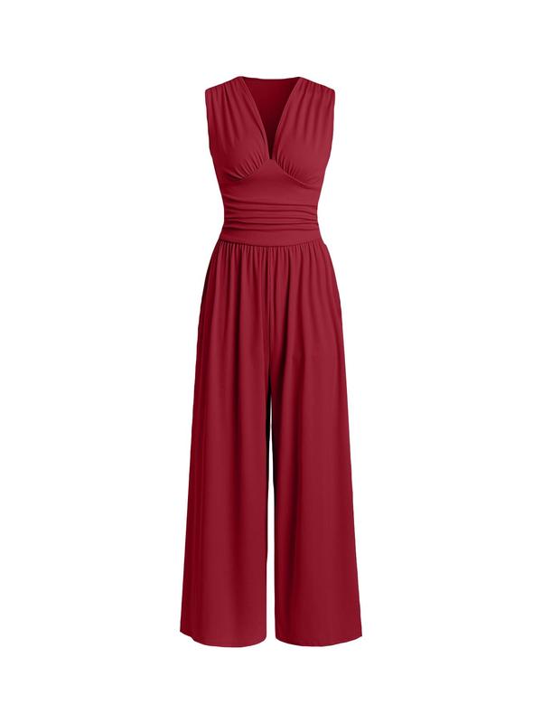 Women's Plain Ruched Deep V Neck Ribbed Jumpsuit, Elegant Sleeveless Wide Leg Jumpsuit for Summer, Back To School Outfits, Ladies Clothes for Beach Holiday Vacation,  Curve Fashion Womenswear Overalls 5