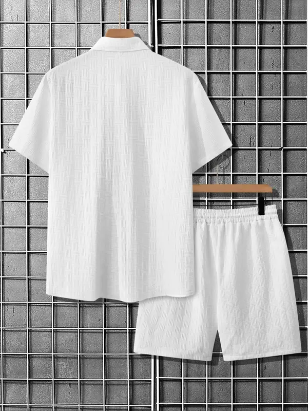 Men's Solid Short Sleeve Pajama Two-piece Set, Regular Fit Casual Comfy Button Up Shirt & Pants PJ Set, Men's Sleepwear for Summer 2