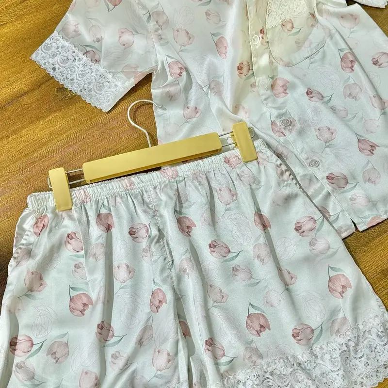 M114 NHỌ PYJAMAS Bộ mặc nhà HOA TRÀ XANH phối ren tiểu thư sang chảnh 6