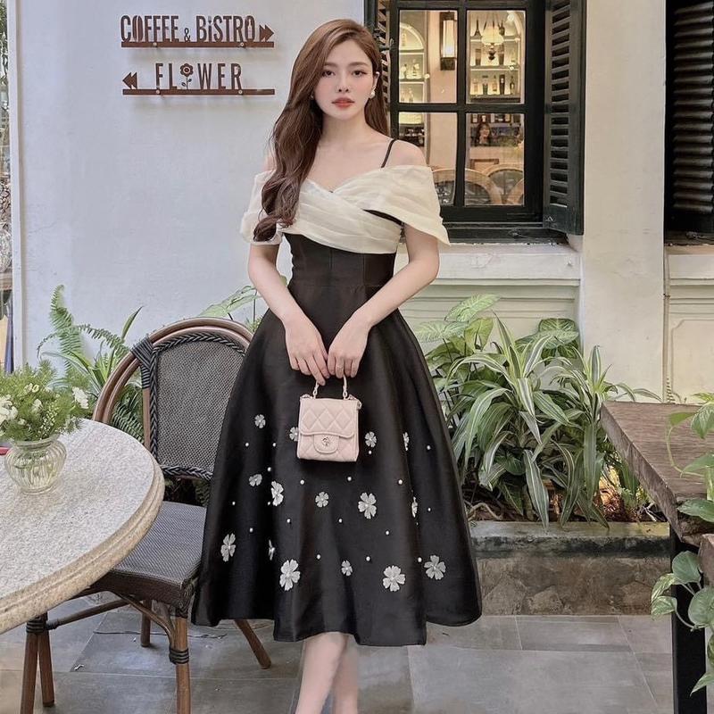 Váy Bigsize dự tiệc Đầm thiết kế bigsize Bẹt Vai đính hoa hạt ngọc tỉ mỉ Đầm váy cô dâu đi bàn