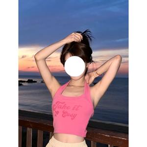 เสื้อกล้ามฤดูร้อน สไตล์อเมริกัน สายคล้องคอ สำหรับผู้หญิง สีชมพู ดีไซน์สาวฮอต