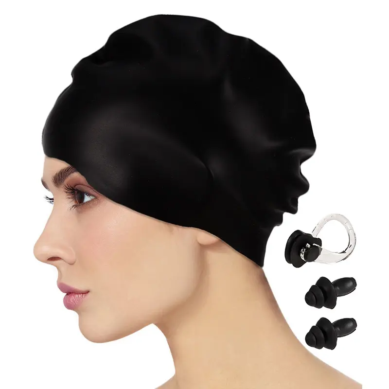 Swimming Cap Long Hair Swimming Cap Silicone Swimming Cap - Black M Size Adult