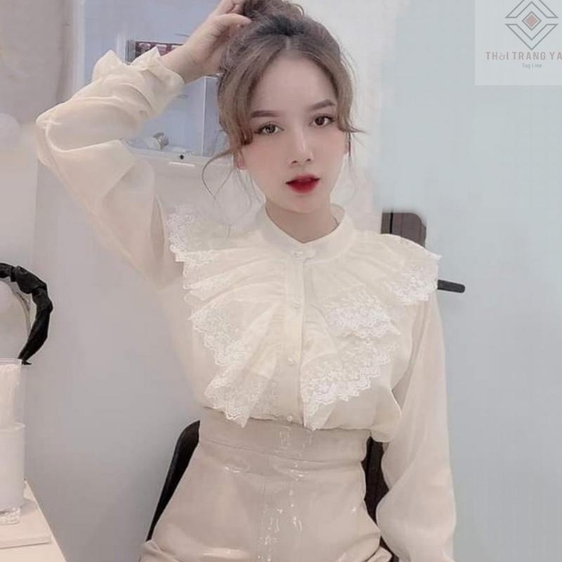 Áo sơ mi nữ kiểu tiểu thư cổ trụ nút ngọc dài tay phối ren bèo bồng chất vải voan 2 lớp - Áo sơ mi nữ form rộng vừa màu trắng đi học màu kem công sở mặc siêu đẹp Top Women