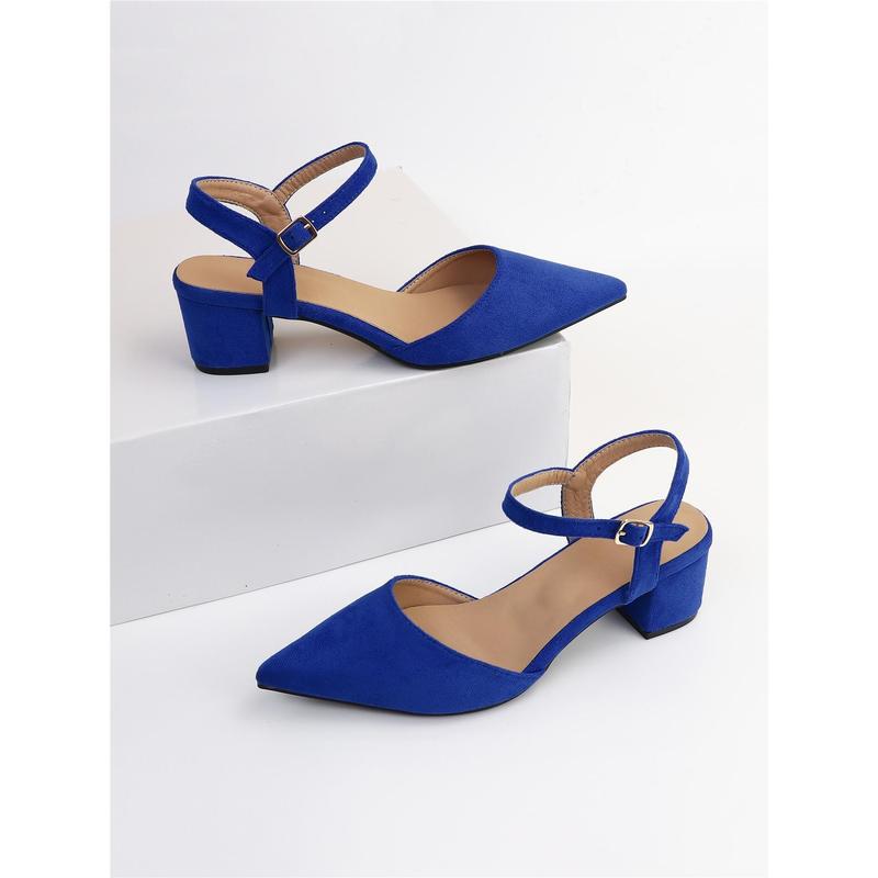 Buckle Decor Point Toe Chunky Heeled Ankle Strap Faux Suede Pumps 6