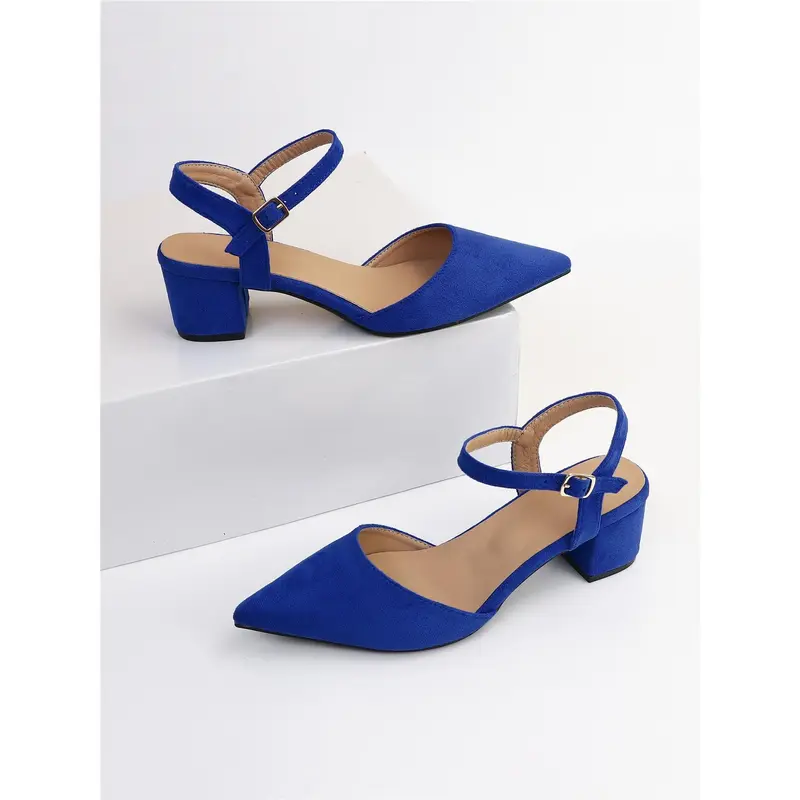 Buckle Decor Point Toe Chunky Heeled Ankle Strap Faux Suede Pumps 6
