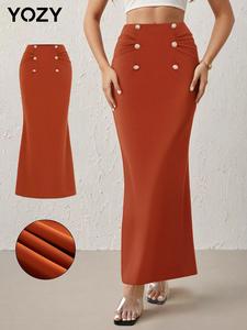 YOZY Women's Plain Double Button Ruched Mermaid Skirt, Elegant High Waist Long Skirt for Party Holiday Wedding Guest, Ladies Clothes for All Seasons