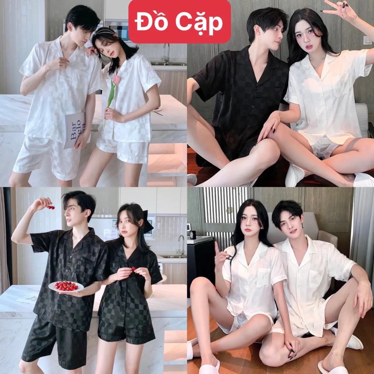 Đồ Bộ Pijama Lửng Nam-Đùi Nữ Gấm Lụa Ô Vuông Trắng-Đen (Nữ 2 Size)