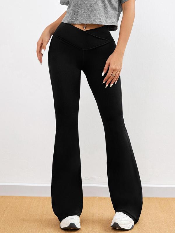 Women's Solid Color Cross Waist Flare Leg Sports Leggings, High Stretch Yoga Leggings, Ladies Sportswear for Indoor Outdoor Wear 3