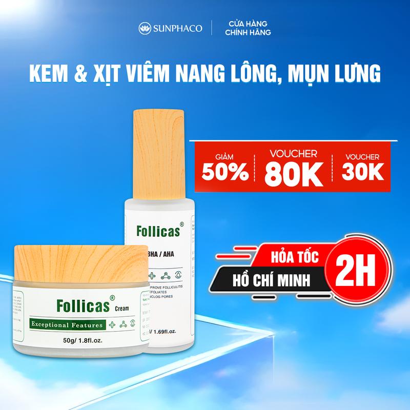   Combo 2  Kem + Xịt Viêm Nang Lông Follicas Giúp Cải Thiện Thâm Mụn Lưng Viêm Lỗ Chân Lông 
