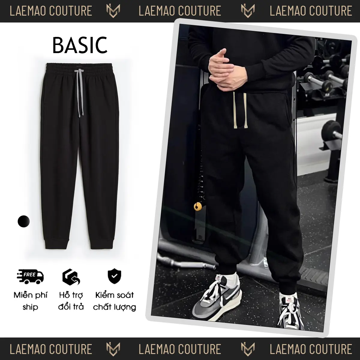 Quần jogger nam LAEMAO chất nỉ lót lông  cotton ĐEN TRƠN