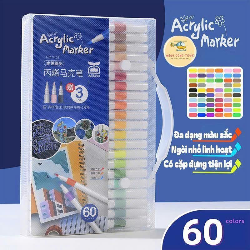 Bộ 60 Bút Màu Acrylic Marker Màu Vẽ Chống Nước Bộ Cọ Vẽ Trên Mọi Chất Liệu Bề Mặt - Hộp 60 màu dùng để tô màu