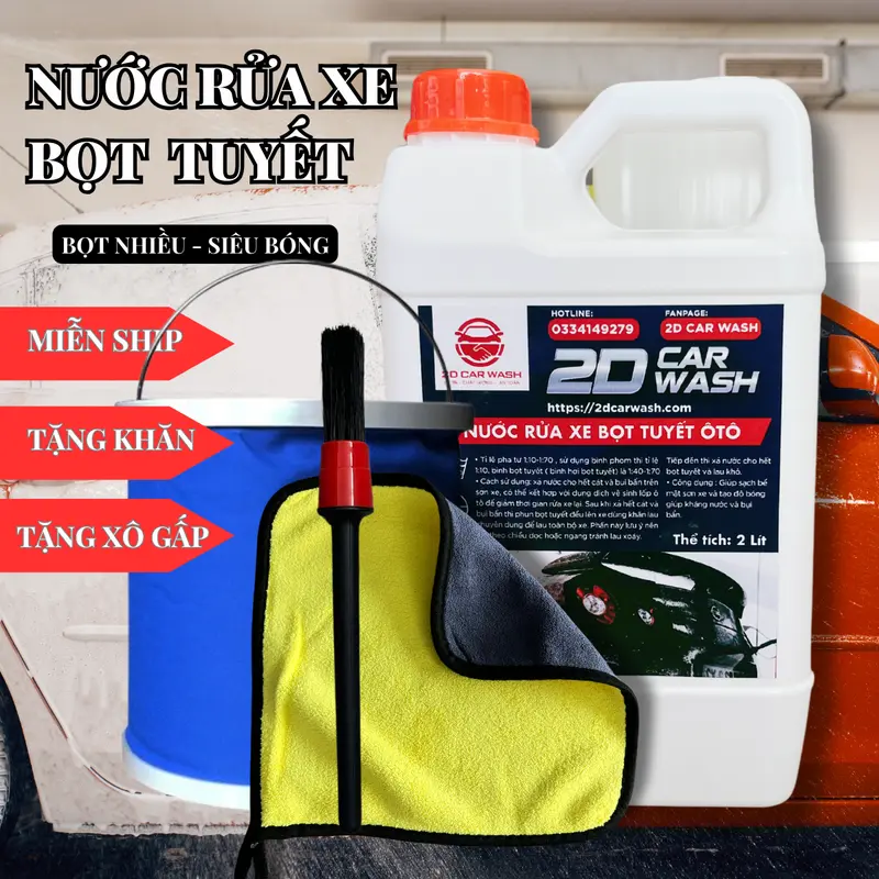 Nước rửa xe 2dcarwas 2L chất lượng cao bọt tuyết siêu bóng sơn Tặng: xô + Khăn 25x25 + cọ nhựa 0