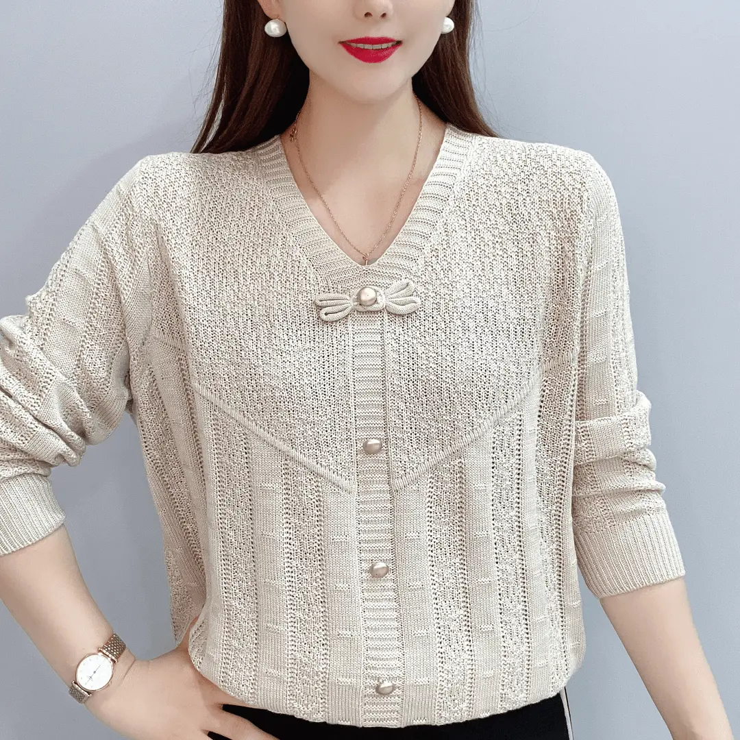 Áo Len Nơ, Thời Trang, Hàng Mới Về Mùa Thu 2024, Cổ Chữ V, Dễ Phối Đồ Dáng Rộng Vừa Vặn, Phong Cách Phương Tây, Dài Tay, Mỏng Vừa Vặn, Áo Len Cơ Sở