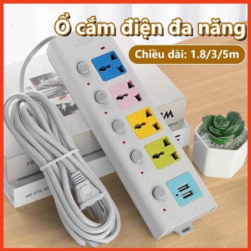 Ổ Cắm Điện Đa Năng Chịu Tải 2500w Chống Cháy Chịu Nhiệt Cao 2 Cổng USB 5V Tiện Lợi Dây Cáp Dày Chất Lượng Cao