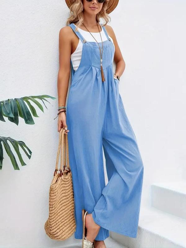 Women's Plain Plicated Button Wide Leg Overall Jumpsuit without Tank Top, Casual Square Neck Sleeveless Pocket Overall Jumpsuit for Summer, Jumpsuit for Women, Playsuit for Women, Summer Outfits 2024 7