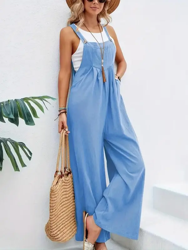 Women's Plain Plicated Button Wide Leg Overall Jumpsuit without Tank Top, Casual Square Neck Sleeveless Pocket Overall Jumpsuit for Summer, Jumpsuit for Women, Playsuit for Women, Summer Outfits 2024 7