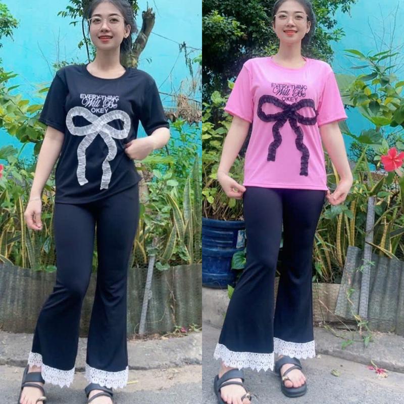 Đồ bộ nữ quần ống loe 9 tấc bigsize 45-85kg chât thun gân tăm ESHOP đồ bộ kiểu set bộ nữ mặc nhà dễ thương phối ren nơ quần loe MS905 Top Women