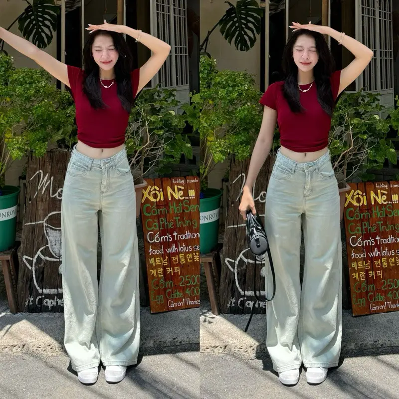 Quần jeans xanh bạc ánh rêu QC ống rộng ameehouse