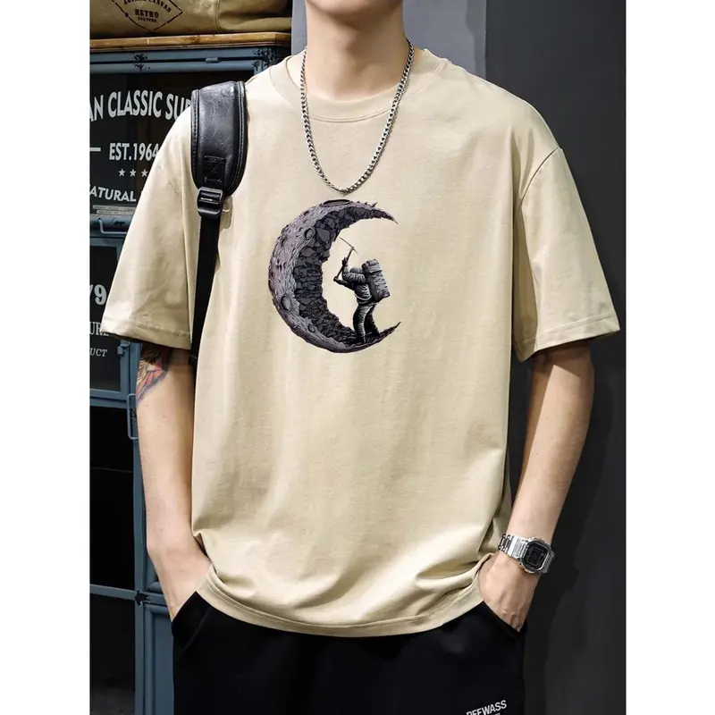 Baju Trip Adventure Men's 100% Cotton Casual Crew Neck T-Shirt with Alphabet Moon Digital Heat Transfer Print - Regular Fit Knit Fabric Short Sleeve Top with Slight Stretch kaos  psht 4
