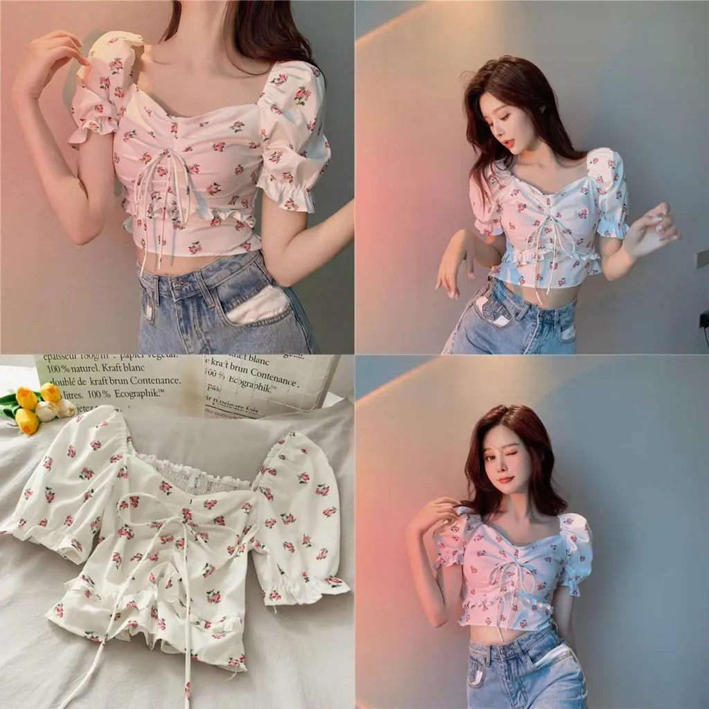 Sabrina Crop Top Wanita Derose Smock Atasan Baju Pendek Panjang