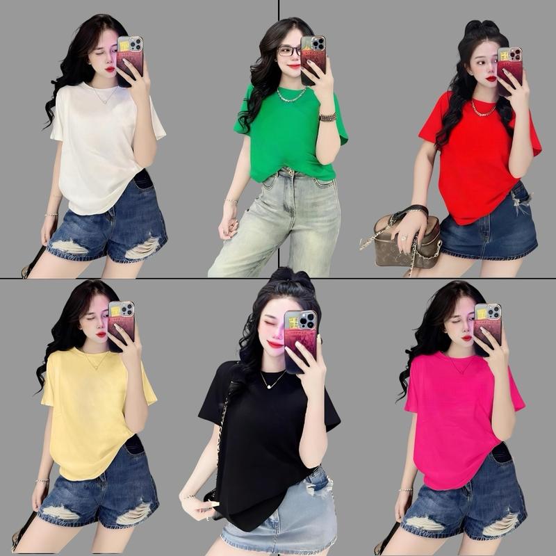 Áo Thun Nữ trơn Basic [Mã A08] [trơn thái]-Form vừa 40~58kg, Form rộng 55-73kg Top Cổ Tròn Women Cotton Nhung Trắng