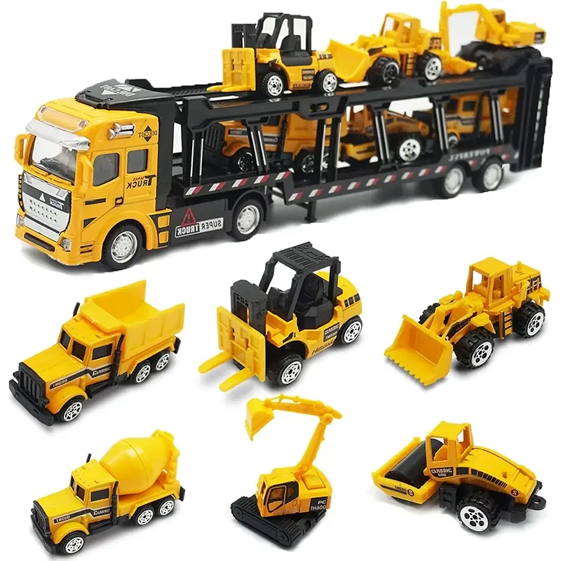 6 IN 1 Pull Back Paduan Kendaraan Truk Container Pengangkut diecast metal car trucks Mobil Mainan Mobilan Bulldozer Toys 1