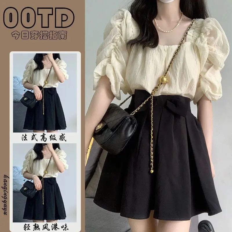 Bộ Đồ Mùa Hè Cho Nữ, Cỡ Nhỏ Phong Cách Pháp, Áo Sơ Mi ngắn Tay Phồng, Váy Xếp Ly Sữa, Bộ Hai Mảnh, Dễ Thương, Trông Trẻ Trung Women Top Tre yếm  tết set  đồ set  đồ  girl  phố 0