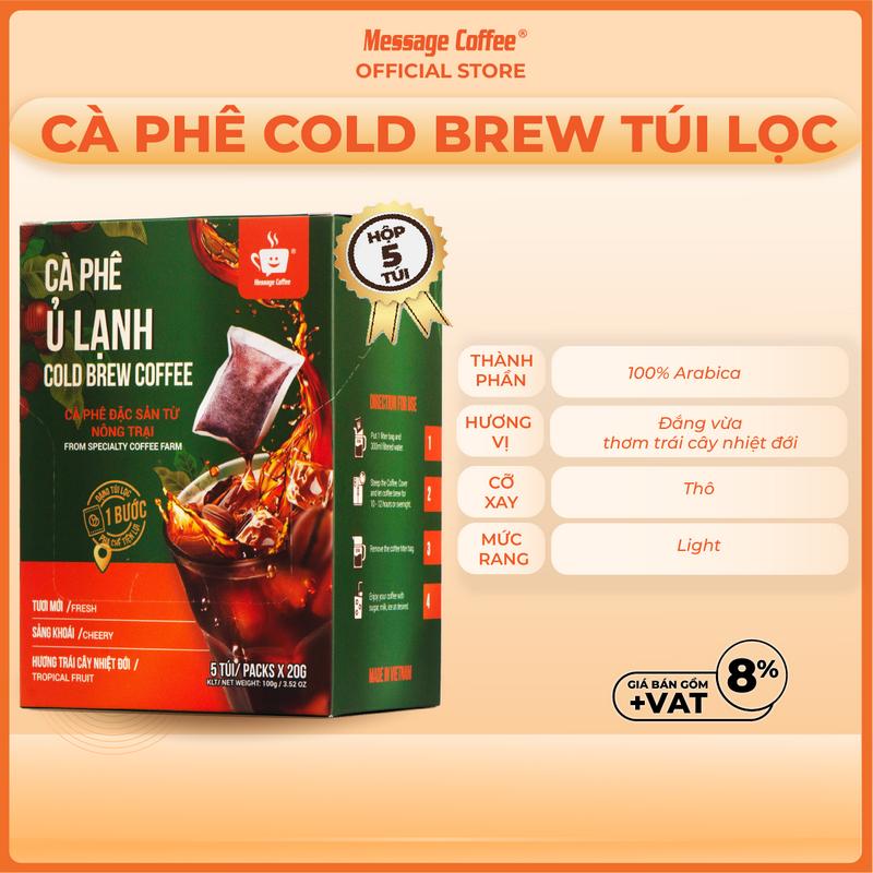 Cà phê Cold Brew túi lọc Arabica Cầu Đất tiện lợi cho người bận rộn từ Message Coffee hộp 5 túi x 20gr