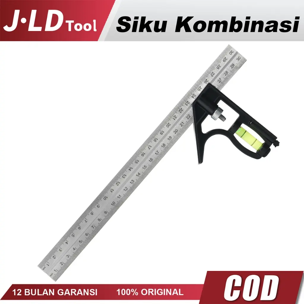 JLD Penggaris Siku Tukang Multifungsi Penggaris Mistar Siku Waterpass Kombinasi Siku Tukang + Waterpass Combination Square Ruler  12-Inch Aluminum Combination Square with Bubble Level Logam