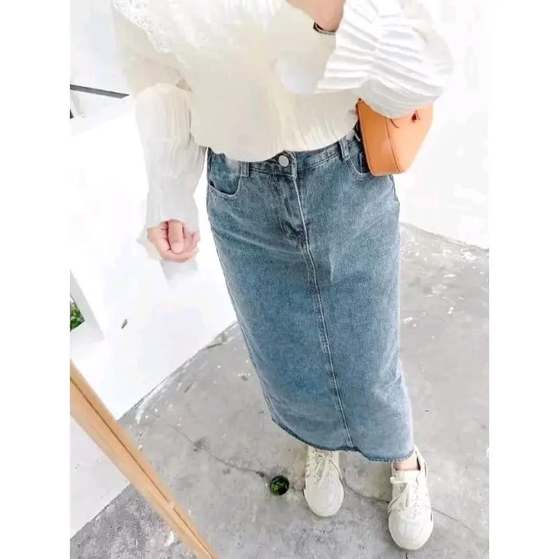 rok jeans theana /rok jeans korean style/rok jeans panjang wanita Slim-fitting Kancing Karet 0