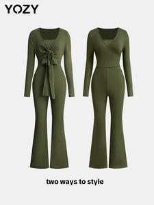 YOZY Women's 2 in 1 Plain Wrap Ribbed Jumpsuit, Casual Long Sleeve Tie Front Flare Leg Jumpsuit for Fall & Winter, Women's Clothes for Daily Wear