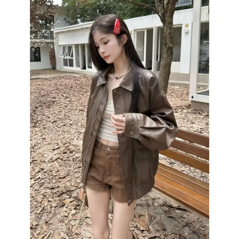 Áo Khoác Da, Phong Cách Mỹ Cổ Điển Màu Cà Phê, Dành Cho Nữ, Thích Hợp Cho Mùa Xuân Và Mùa Thu, Ngọt Ngào Và Ngầu, Thiết Kế Xe Máy, Da PU, Dáng Rộng Vừa Vặn, Áo Dài Tay, Hợp Xu hướng 2