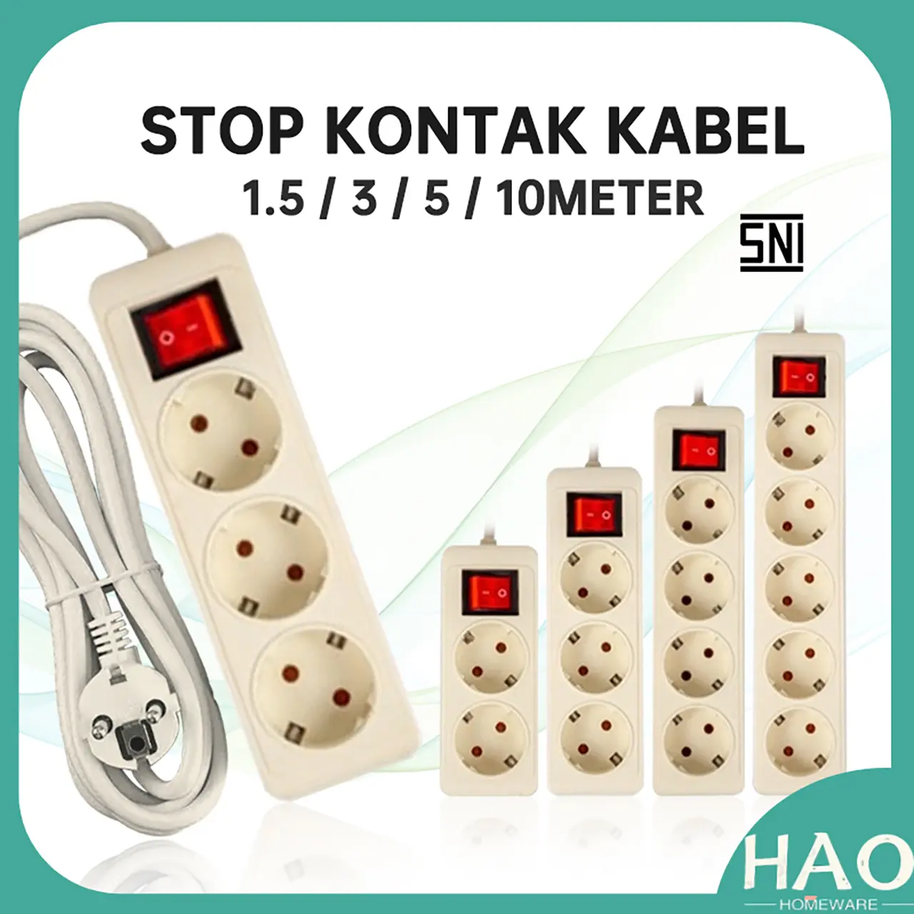 [HAO] STOP KONTAK + KABEL 2/3/4/5 LUBANG 1.5/3/5 METER SNI