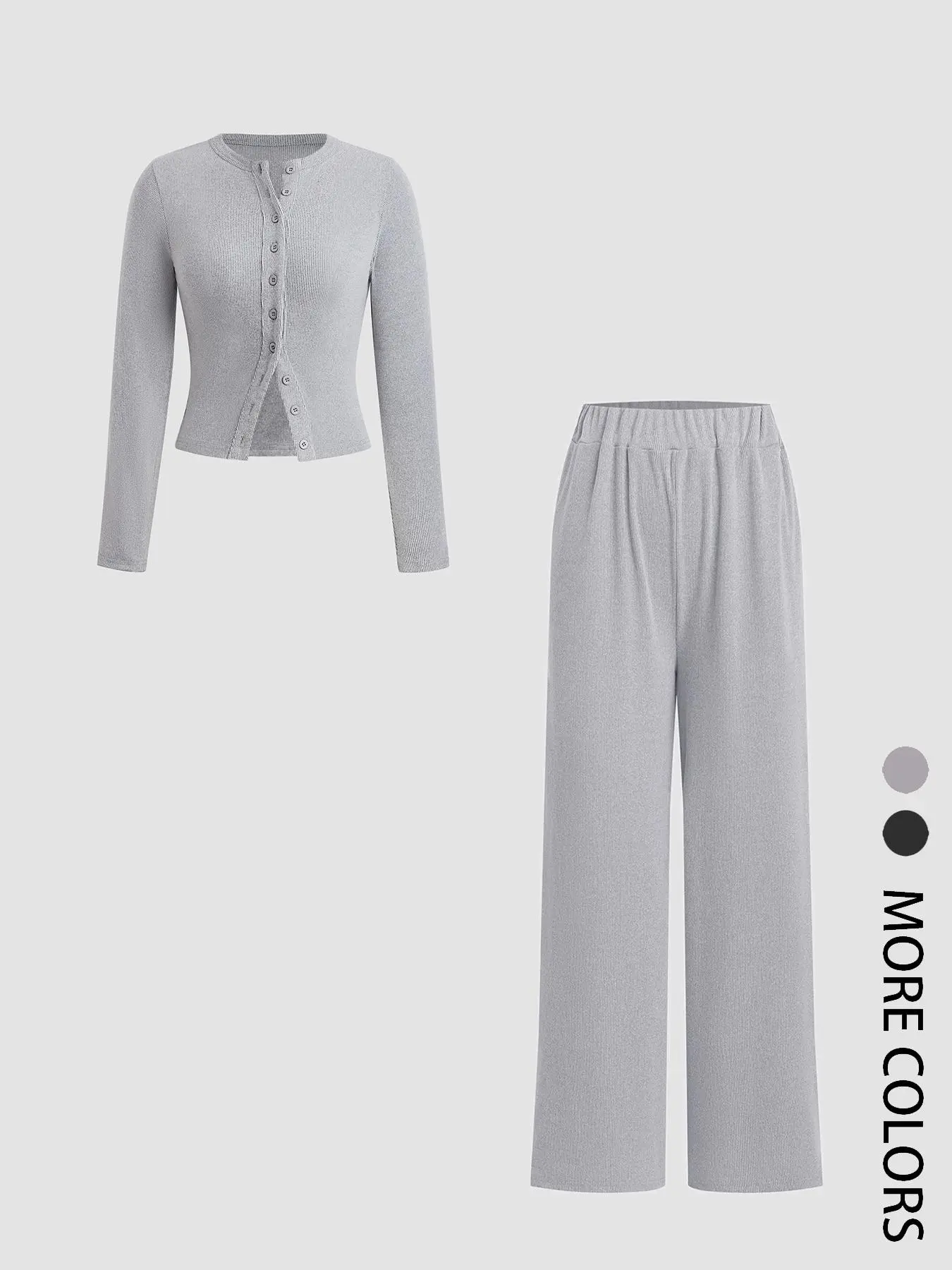 PLS Two-piece Set Women's Solid Button Front Ribbed Crop Top & Elastic Waist Pants, Casual Long Sleeve Round Neck Top & Trousers 2 Piece Set for Spring & Fall, Women's Clothes for Daily Wear, Sassyandclassyclothing