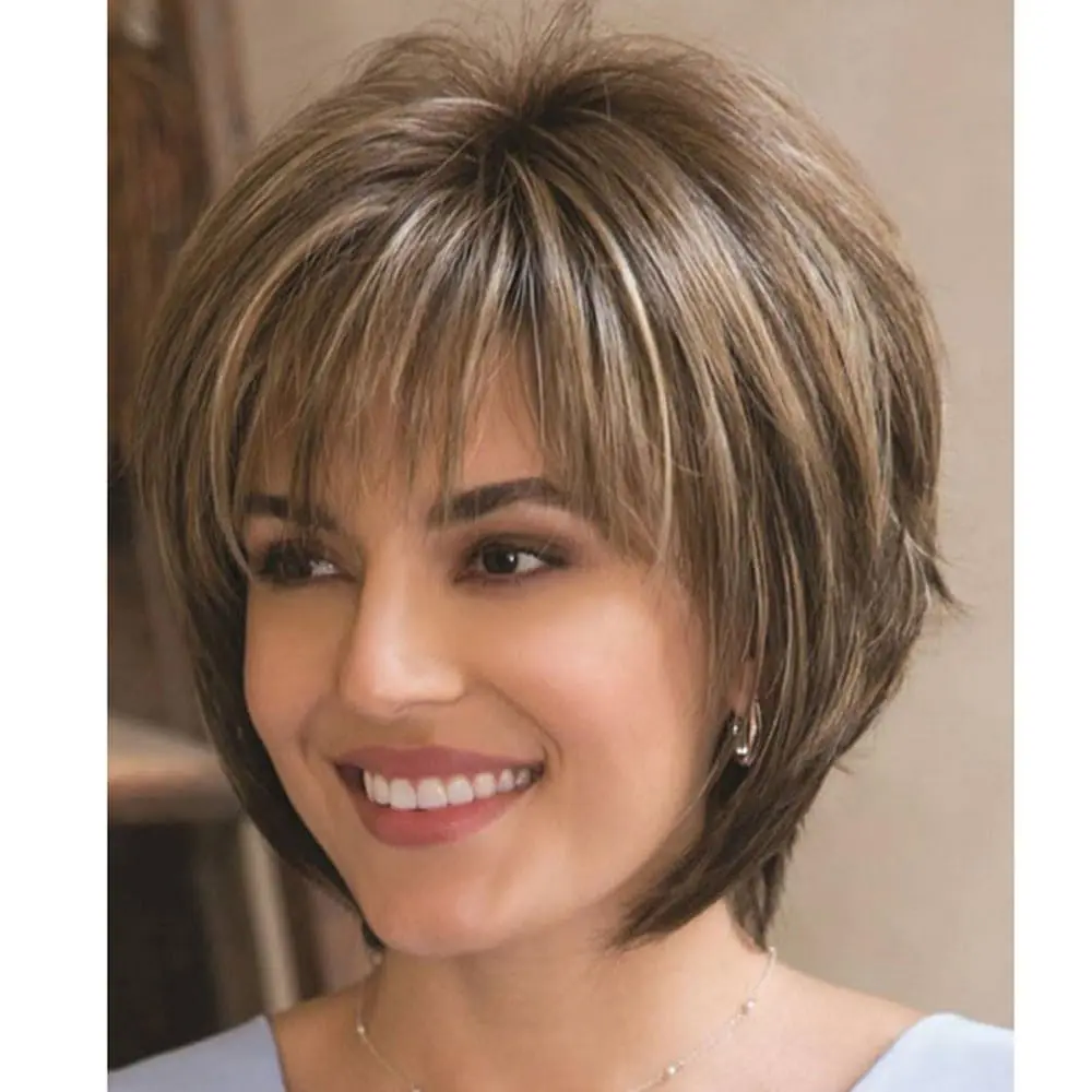 Short Straight Brown Layered Wig Pixie Cut Wig with Side Part Bangs for Women Natural Pixie Cut Wigs for Daily Party