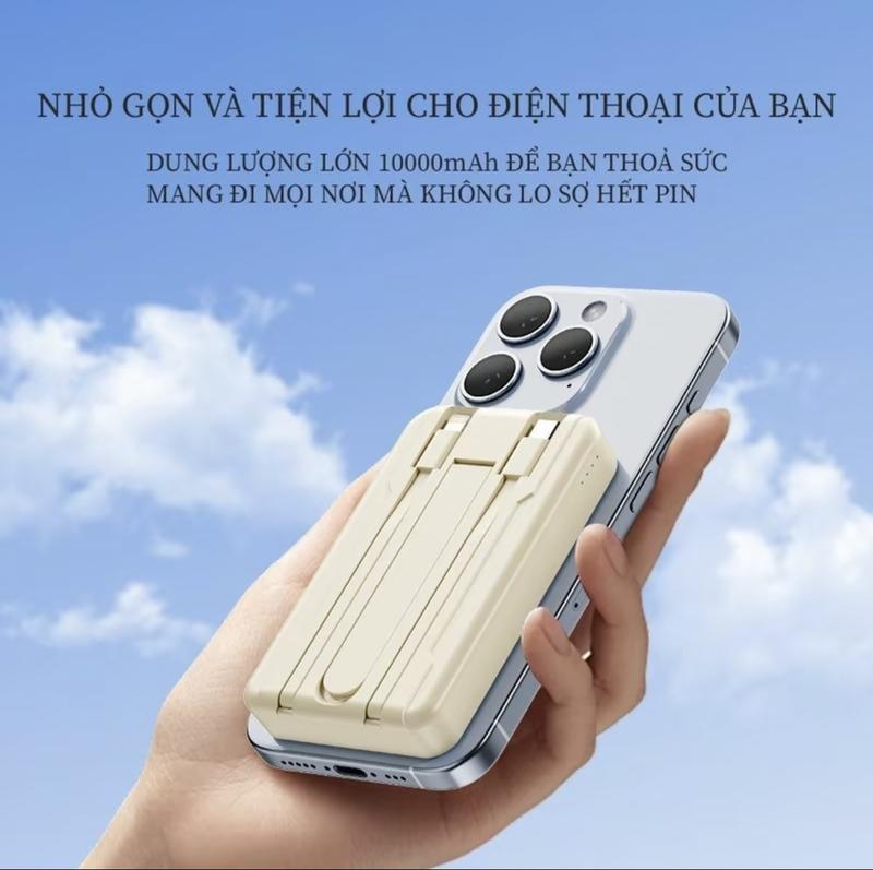 Pin Sạc Dự Phòng Không Dây MagSafe (Tặng kèm cáp USB), Tương Thích Với Các Điện Thoại iPhone Hỗ Trợ Sạc Không Dây, Đi Kèm Cáp Android và iPhone, Thiết Kế Di Động Có Chân Đỡ, Dung Lượng Lớn.