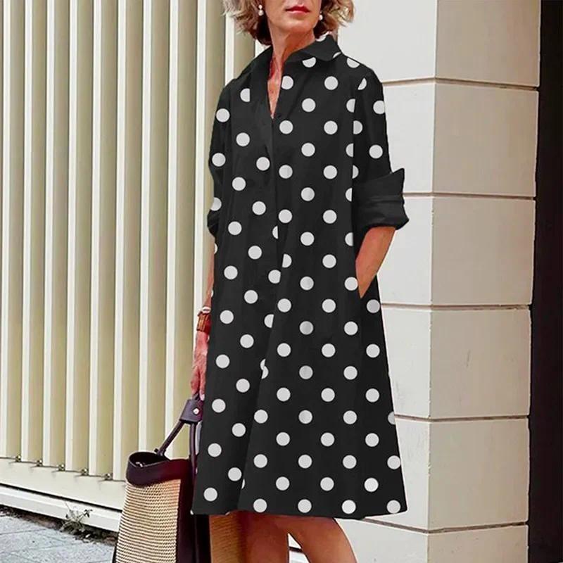 Product Introduction of Plus Size S-4XL Women Shirt Dress Cotton Floral Dot Print Button A Line Midi Knee Length Slim Loose Spring Summer Autumn Fashion Casual Elegant Long Sleeve Black White 26