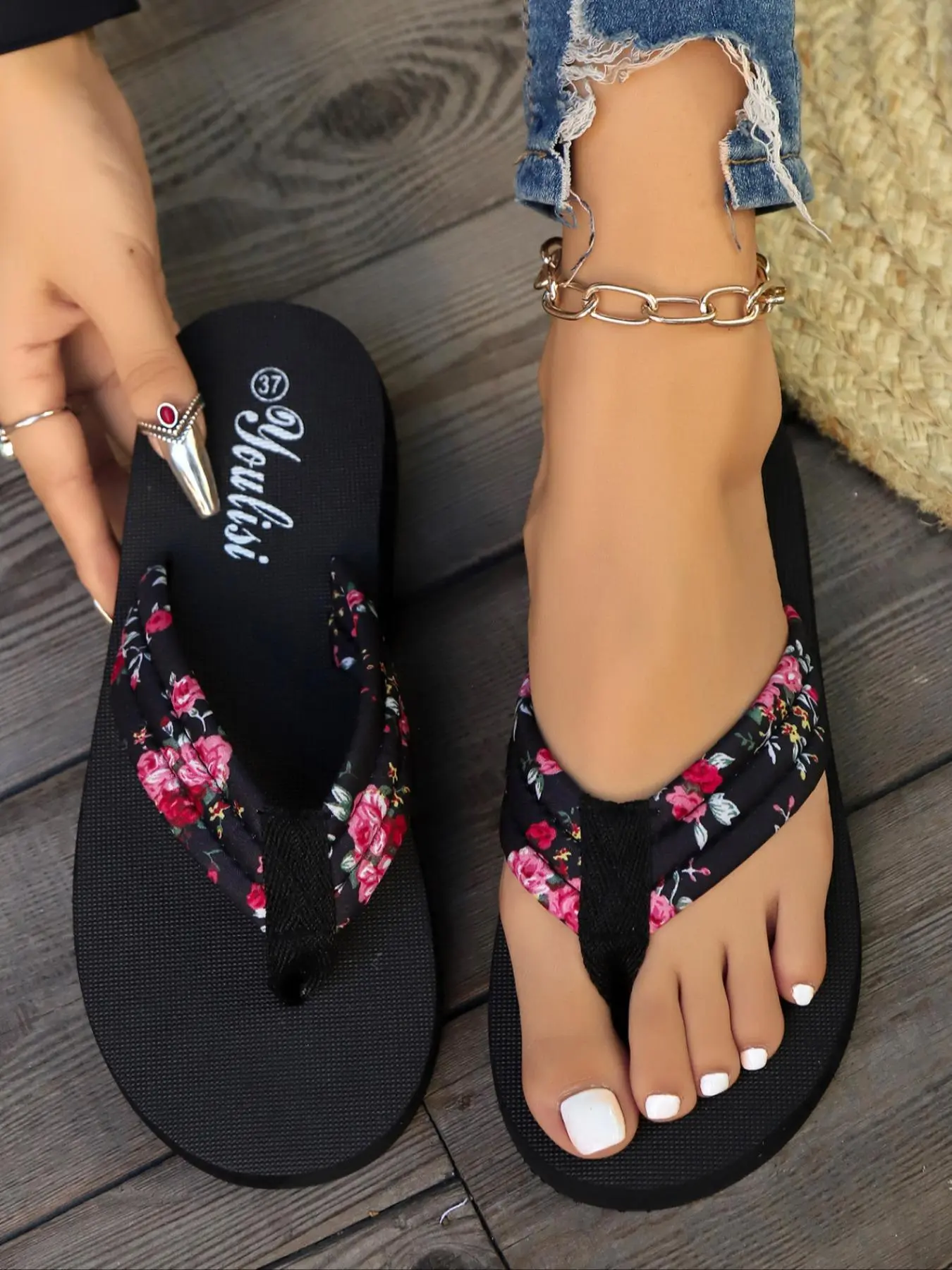 Women's Floral Print Platform Slides, Casual Comfortable Flat Sandals for Summer, Lightweight Breathable Slippers for Indoor & Outdoor Wear, Walking Shoes