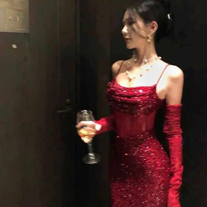 DRESS Dạ Hội, Đầm Đỏ Tiệc Sang Trọng, Đính Hạt Cườm Ren Đuôi Cá, Giáng Sinh Noen nghỉ Lễ Tết Nữ Women