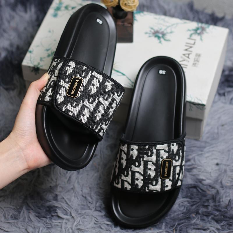 Dép thời trang nam nữ họa tiết monogram thêu quai dán đế cao su cao cấp 3cm, DéP Slipper Đế Bằng Dép Lê Quai Ngang Hoa